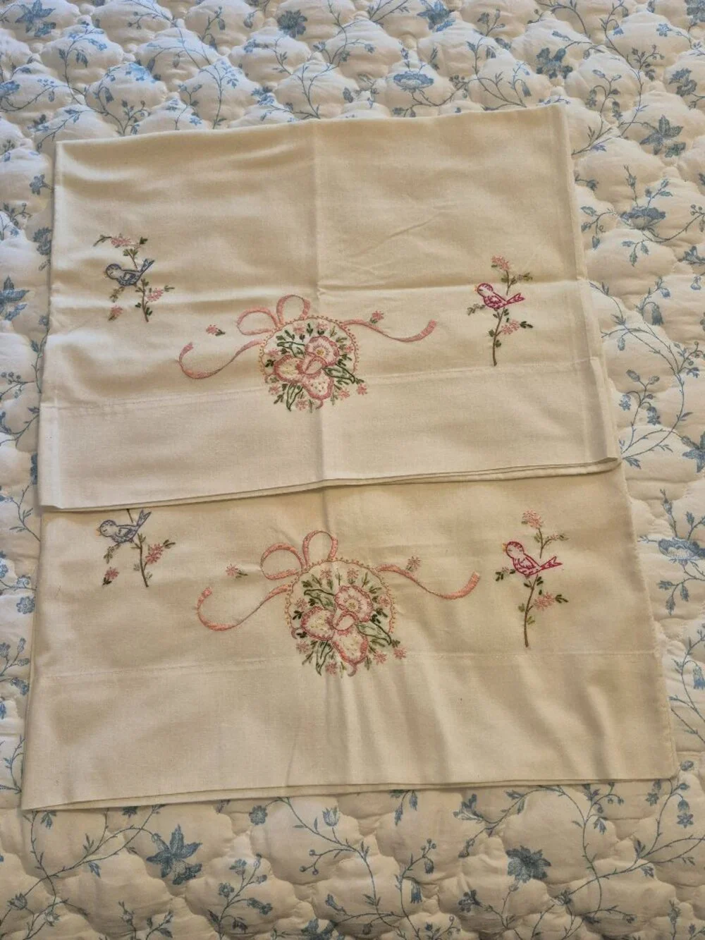 Vintage Embroidered Pillowcases Birds Flowers Standard Size Pair